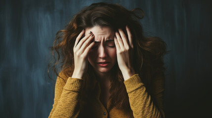 young woman or girl with hands on head due to headache or depression