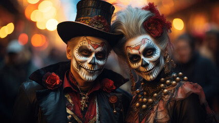 Middle-aged couple dressed up in Halloween costume. A man and woman went to a Halloween party in spooky creations. Dia de Muertos. Celebration of Mexico's Day of the Dead. Generated Ai
