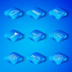 Set line Atom, Alcohol or spirit burner, Oil petrol test tube, drop with dollar, tanker ship, Speedometer and industrial factory building icon. Vector