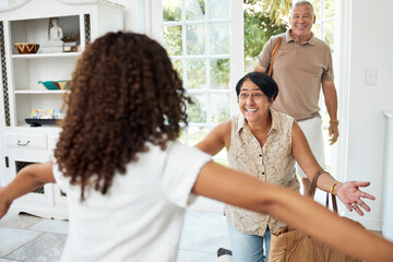 Hello, home and girl running to grandparents by door excited for bonding, spending time and...