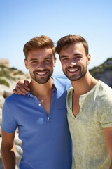 Fototapeta premium portrait of a happy young gay couple posing for a photo together on holiday