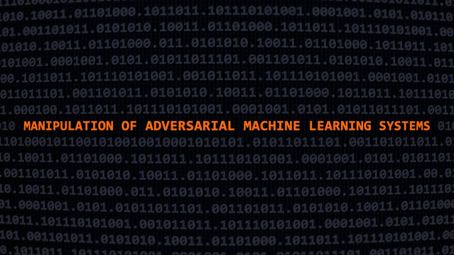 Cyber attack manipulation of adversarial machine learning systems. Vulnerability text in binary system ascii art style, code on editor screen. Text in English, English text