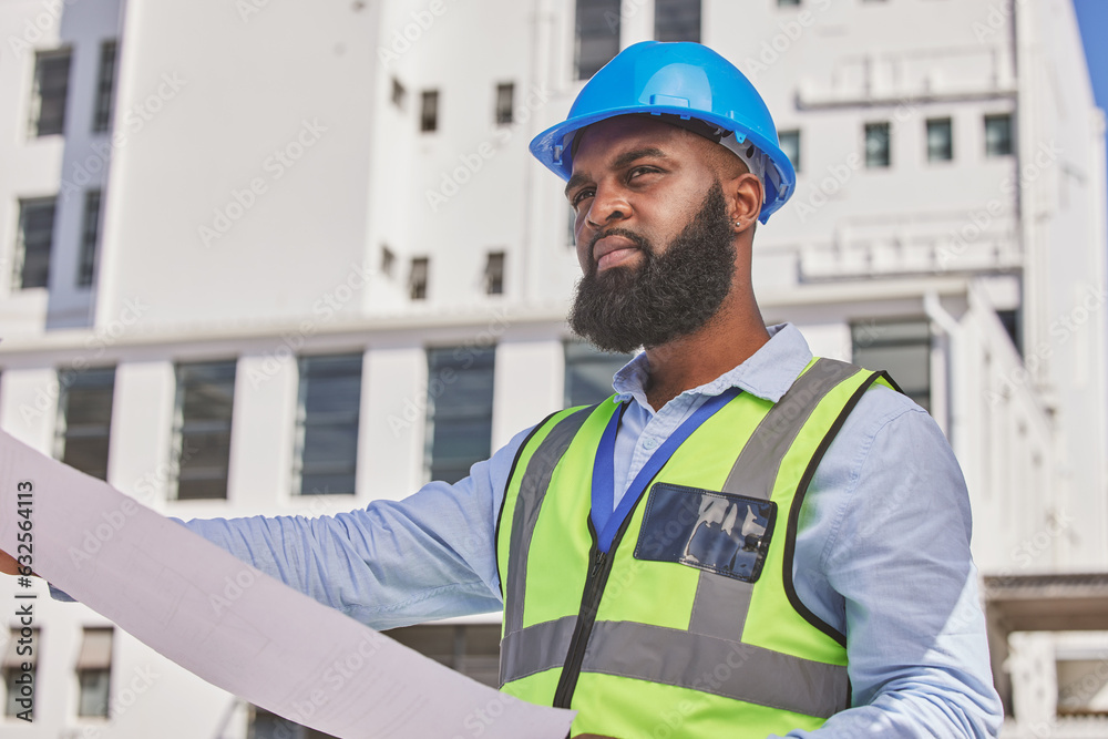 Sticker Engineering, thinking or contractor with blueprint on construction site for infrastructure inspection. Black man, floor plan or African designer working on maintenance, architecture or development