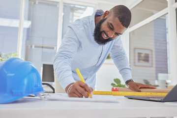 Engineering, happy or black man drawing in office for architecture, research or building design....