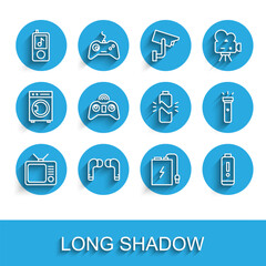 Set line Retro tv, Air headphones, Music player, Power bank with charge cable, Battery level indicator, Wireless gamepad, Flashlight and Broken battery icon. Vector