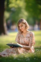 shot of a young woman relaxing on the grass with a book in the park