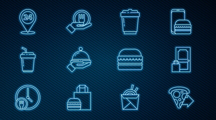 Set line Online ordering pizza delivery, and, Coffee cup to go, Covered with tray food, Round the clock, Burger and icon. Vector