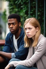 shot of a young couple looking upset after an argument while sitting outside