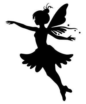 Wundersch&ouml;ne Fee mit kleinen Feenfl&uuml;geln als Silhouette mit ausgestreckter Hand - Generative AI