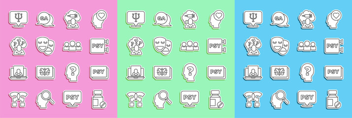 Set line Sedative pills, Psychology, Psi, Addiction to the drug, Comedy and tragedy masks, Head with question mark, and Users group icon. Vector