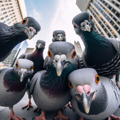 Pigeons take a selfie in the big city. Fun, meme and animal concept. Generative AI. - obrazy, fototapety, plakaty