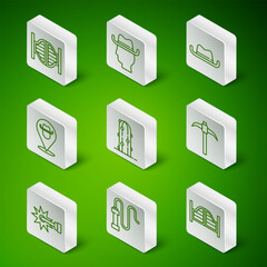 Set line Saloon door, Leather whip, Cactus, Location cowboy, Cowboy, Spur and Pickaxe icon. Vector