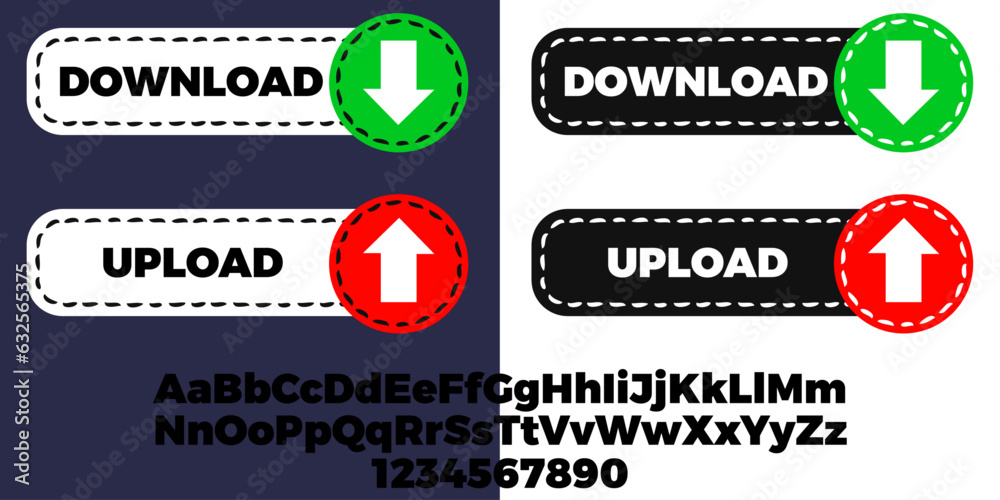 Poster Download and upload buttons, in dark and light versions. Green or red arrow next to the button.