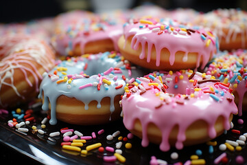 Fototapeta na wymiar Colorful donuts with cream and sprinkles