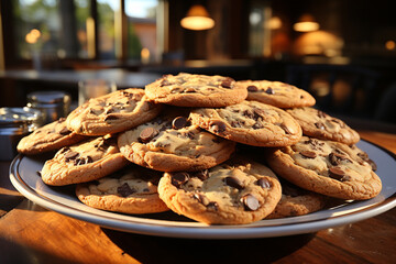 Pile of chocolate chip cookies on a plate