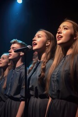 low angle shot of a group of confident young singers performing together on stage