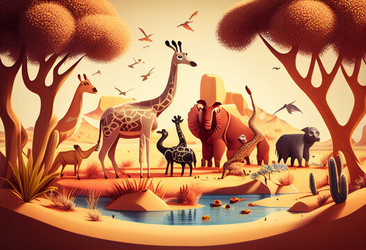 Oasis with many animals in pastel colors. AI Generated