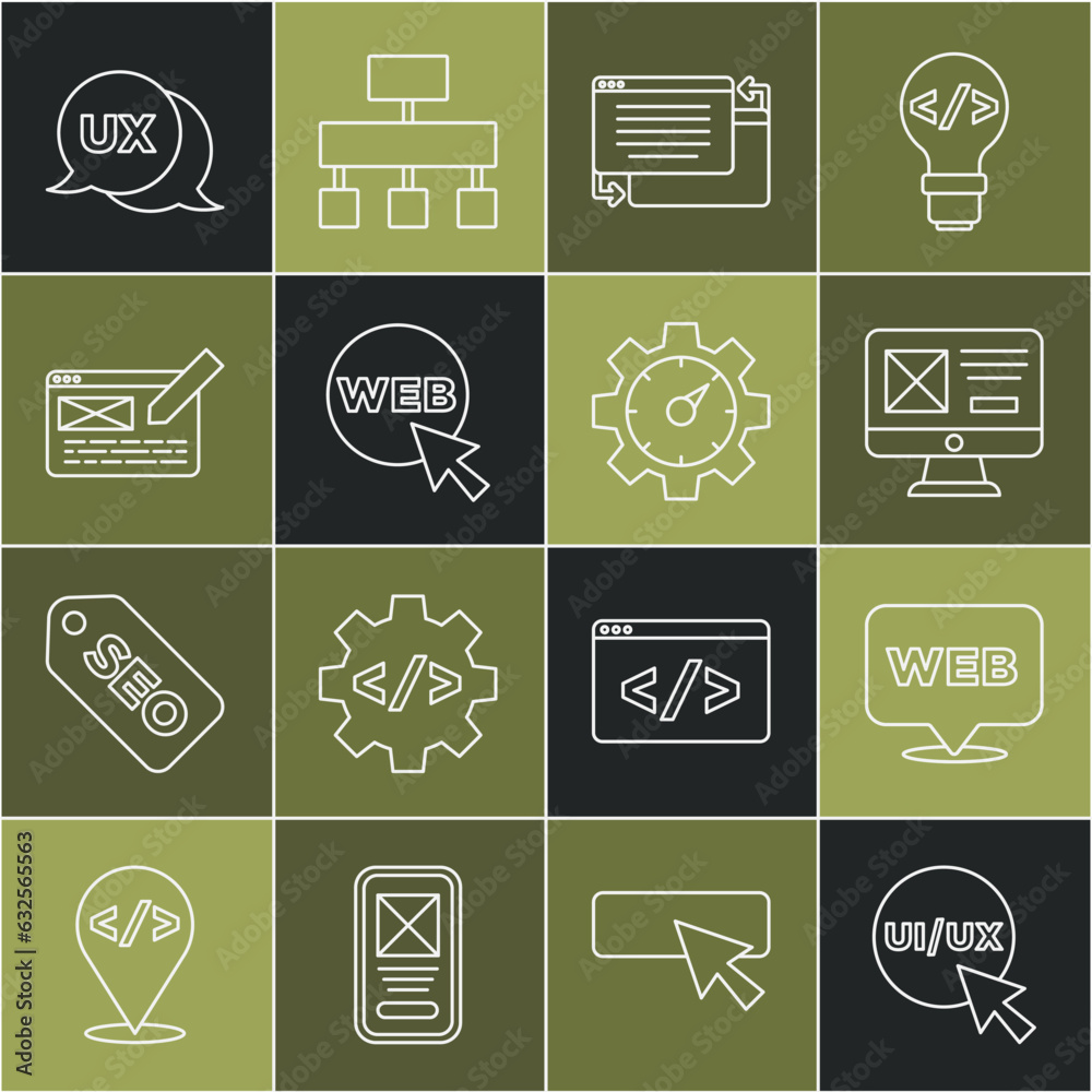 Poster set line ui or ux design, web and graphic, and website statistic icon. vector