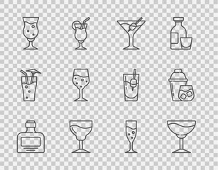Set line Whiskey bottle, Wine glass, Martini, Glass of beer, champagne, and Cocktail shaker icon. Vector