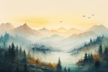 Naklejka na ściany i meble Painting in watercolor style of trees, fog and mountains. Beautiful illustration picture. Generative AI