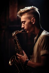 Obraz na płótnie Canvas shot of a young man playing his saxophone in the band