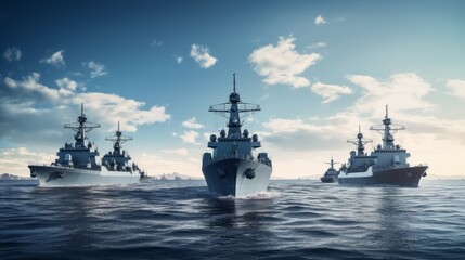 Obraz premium Three warships in the ocean. Beautiful illustration picture. Generative AI