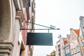 Blank store signage sign design mockup isolated, Clear shop template. Street hanging mounted on the wall. Signboard for logo presentation. Metal cafe restaurant bar plastic badge black white High