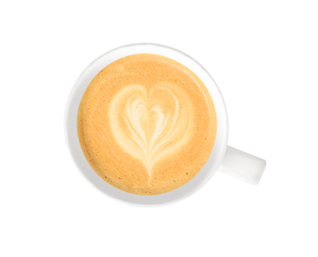 Cappuccino, latte, coffee with milk in a white glass mug. Coffee foam. A heart drawn. View from above. On a white background. Isolated. Space for text. Copy space