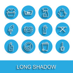 Set line Bottle for cleaning agent, Washer, Basin with shirt, Trash can, Toilet brush, Sponge, Ironing board and Rubber gloves icon. Vector