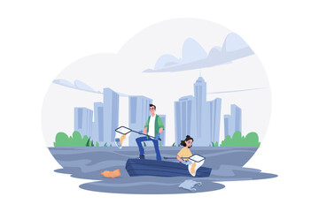 Obraz premium Man With A Net Catches Floating Plastic From The River