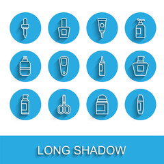 Set line Spray can for hairspray, Scissors, Pipette, Antiperspirant deodorant roll, Mascara brush, Pumice feet, Cream lotion cosmetic tube and icon. Vector