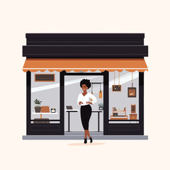 black woman business owner shop front vector isolated illustration