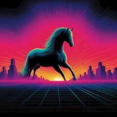 Retrowave Inspired Cartoon Horse on Grid-Lined Road at Sunset. Generative AI.