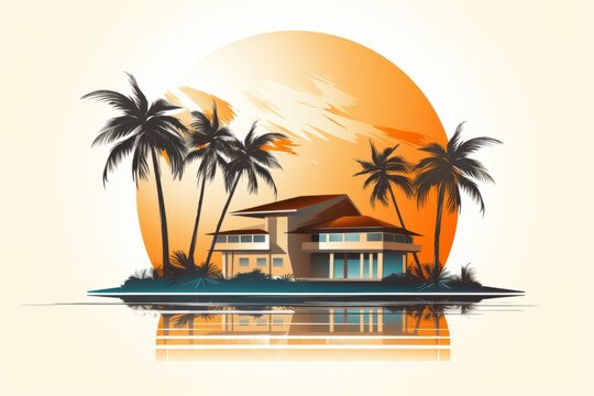 Vector logo with house and palm trees. Beautiful illustration picture. Generative AI