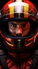A dynamic portrait of a speedy racer in a helmet, embodying the adrenaline and intensity of the racing world. This athlete's focus and velocity promise thrilling competition