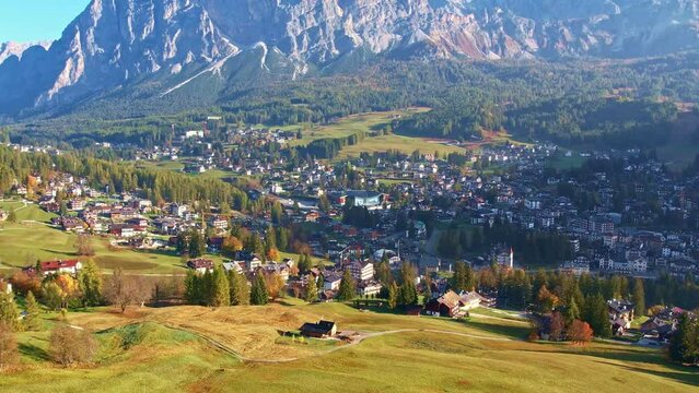 Aerial view of Cortina d'Ampezzo, mountain tourism resort, Veneto, Italy