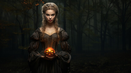 Hübsche Frau im altertümlichen Kostüm und Halloween Kürbis in der Hand mit mystischen Hintergrund, ai generativ