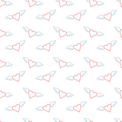 Seamless pattern with hearts and wings on the white background