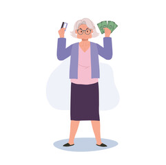 Modern Lifestyle of Mature Shopper concept. Illustration of Confident Elderly Woman with Credit Card. Flat vector cartoon illustration
