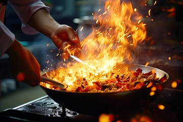 Chef hands keep wok with fire. Closeup chef hands cook food with fire. Chef man burn food at professional kitchen. - obrazy, fototapety, plakaty