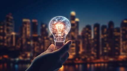 Lit Lightbulb Held by Hand with Blurry City Backdrop. Generative AI.