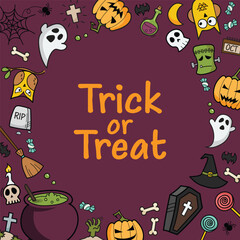 Trick or Treat Halloween doodles hand drawn color icons