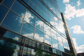 Elegant Glass Facade. Reflections of a Business Building in a Downtown Area