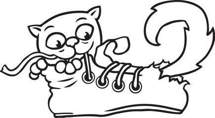 Cartoon: niedliche, verspielte Katze versteckt sich in einem kaputten Schuh und kaut auf dem Schnürsenkel