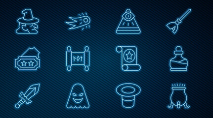 Set line Witch cauldron, Bottle with potion, Masons, Magic scroll, Ticket, and Fireball icon. Vector