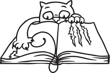 Cartoon: verspielte Katze zerkratzt mit ihren Krallen die Seiten eines Buches - obrazy, fototapety, plakaty