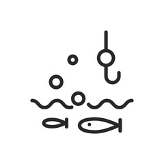 Fishing Camping Icon. Vector Outline Editable Sign of Fish Swimming with Approaching Fishing Hook. Linear Minimal Illustration.