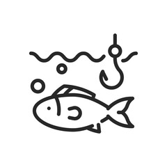 Fishing With Bait Icon. Vector Outline Editable Sign of Fish and Hook Underwater. Linear Minimal Illustration.