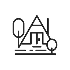 Glamping A Frame Icon. Vector Outline Editable Sign of Trendy Triangular House for Cozy Modern Glamp Camping. Linear Minimal Illustration.