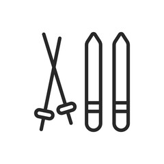 Skiing Icon. Vector Outline Editable Sign Skiing Adventure and Winter Sports Concept with Ski Gear and Ski Poles. Linear Minimal Illustration.